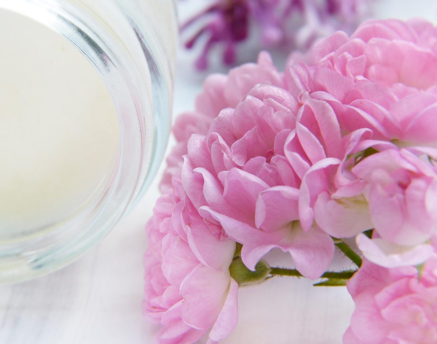 Crème de soin entourée de pétales de rose